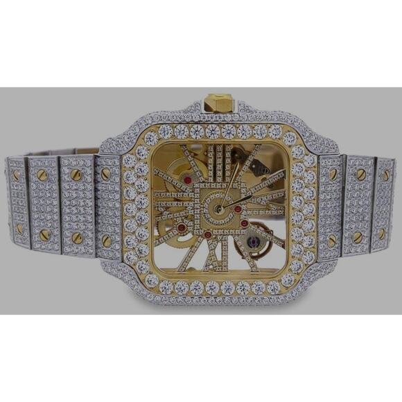 Real MOISSANITE Mens Watch Iced Skeleton Back 44mm Hip Hop  Moissanite VVS Skeleton Iced Out Baller Square Steel Watch passes diamond tester